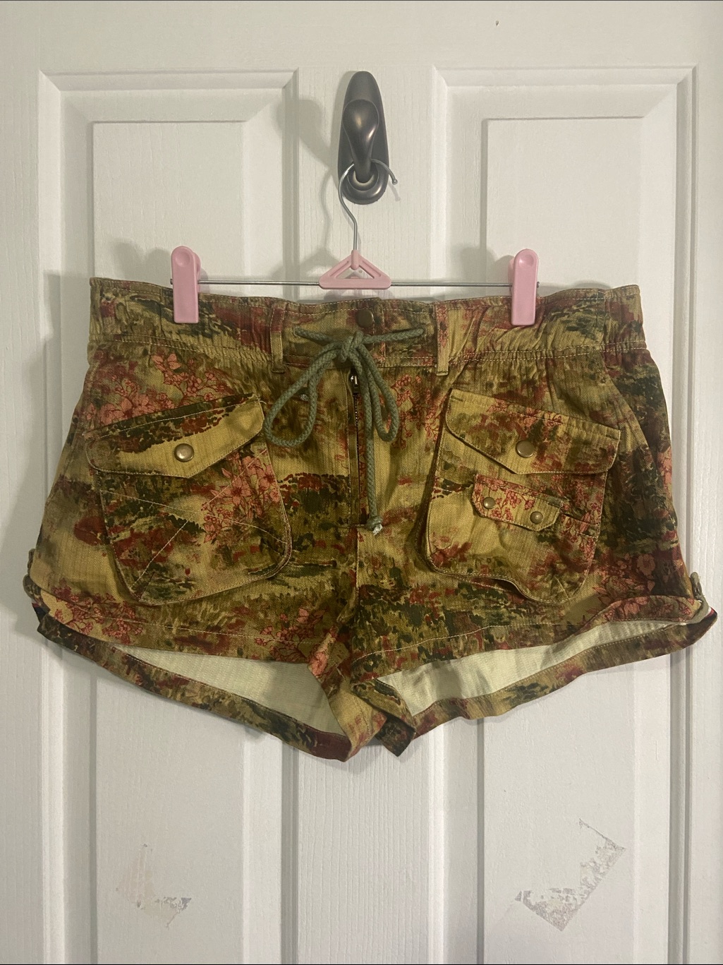 Free People Olive Green Floral Cargo Shorts